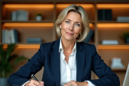 Femme professionnelle rédigeant une lettre de recommandation à son bureau avec un stylo plume