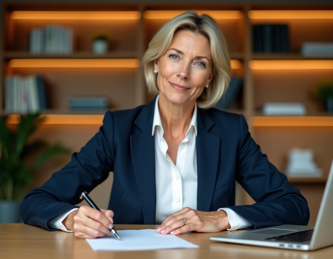 Femme professionnelle rédigeant une lettre de recommandation à son bureau avec un stylo plume