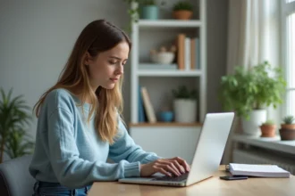 Jeune femme réinitialise son mot de passe email dans un bureau lumineux