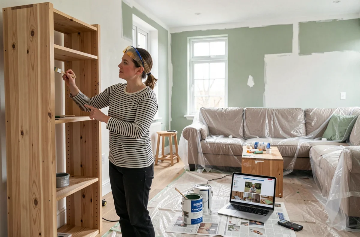 Femme peignant une étagère en bois dans un salon en rénovation avec une formation bricolage ouverte sur laptop