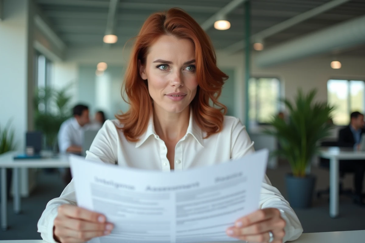 Femme professionnelle découvrant avec surprise les résultats de son test de QI dans un bureau moderne
