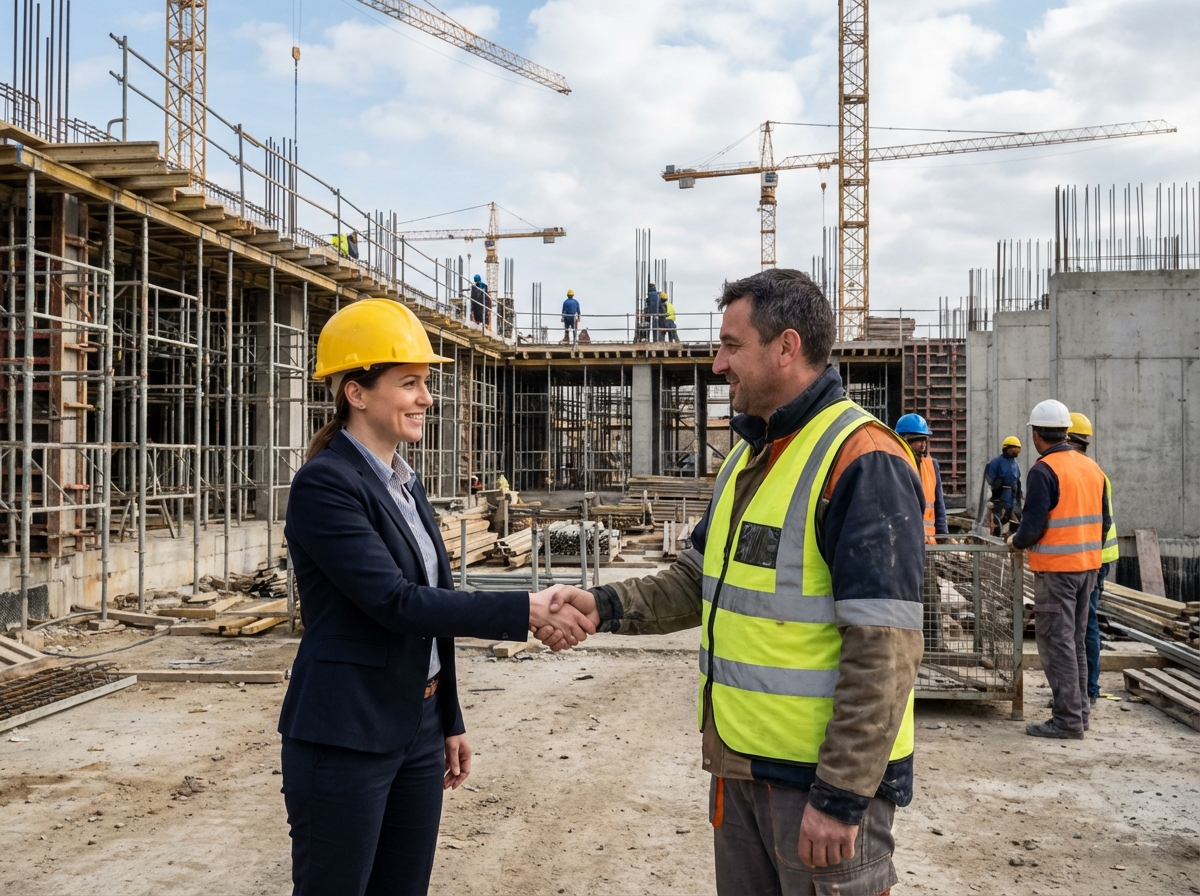 Femme en casque saluant un superviseur sur un chantier