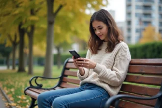 Jeune femme utilisant son smartphone dans un parc urbain