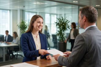 Jeune femme souriante en blazer dans un bureau moderne