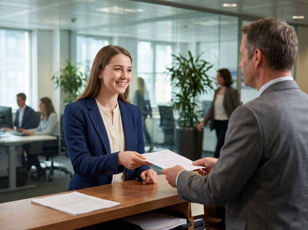 Jeune femme souriante en blazer dans un bureau moderne