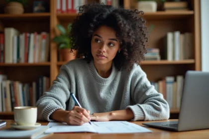 Femme concentrée remplissant un test de QI imprimé à son bureau à domicile, entourée de livres