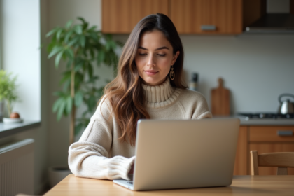 Femme travaillant sur son ordinateur dans une cuisine lumineuse