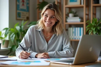 Femme concentrée en formation professionnelle à domicile