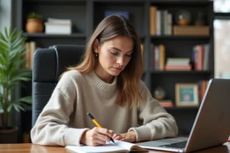 Femme en télétravail dans un bureau moderne et cosy