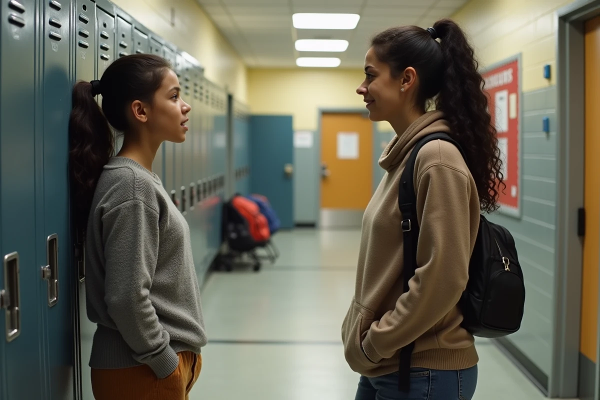 Fille adolescente parlant avec une enseignante dans le couloir