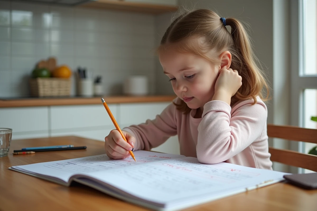 Jeune fille de 6e révisant des exercices de ponctuation dans un cahier d'entraînement à la maison avant l'entrée au collège