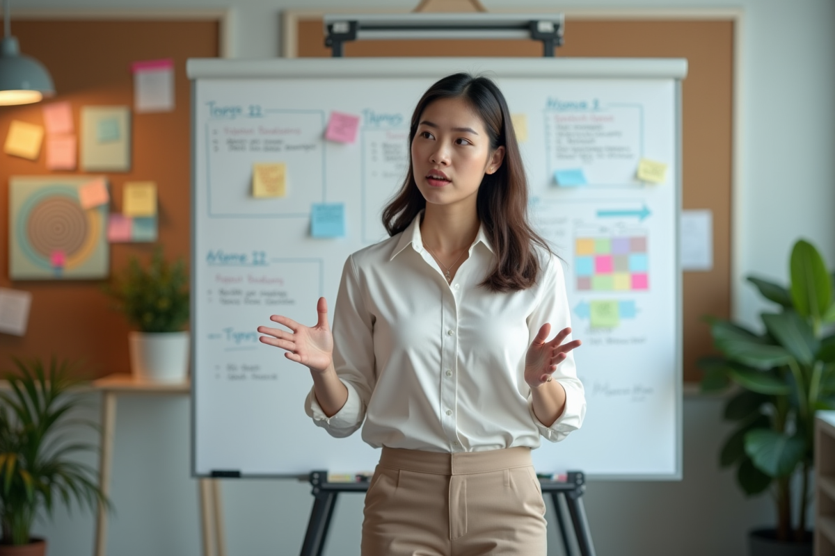 Formateur expliquant des concepts devant un tableau blanc