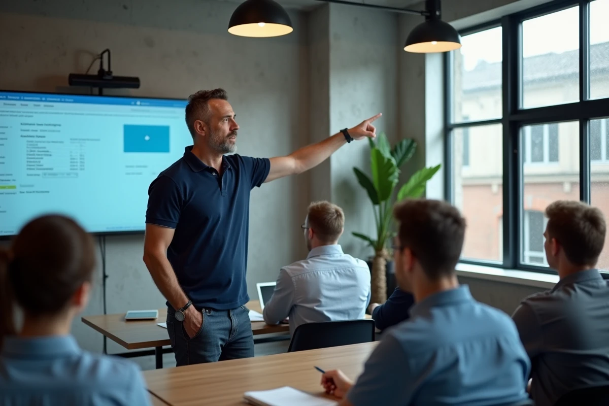 Formateur présentant un logiciel de gestion de centre de formation à des apprenants adultes en salle de classe