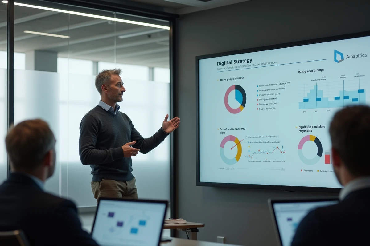 Formateur expert en stratégie digitale animant un atelier professionnel dans un centre de formation parisien