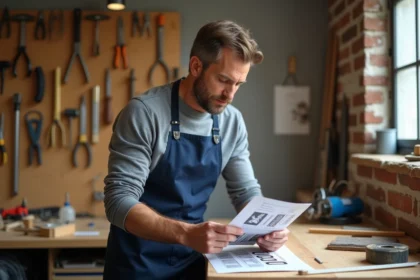 Un homme en tablier de bricoleur consulte un guide de formation DIY dans un atelier maison bien équipé
