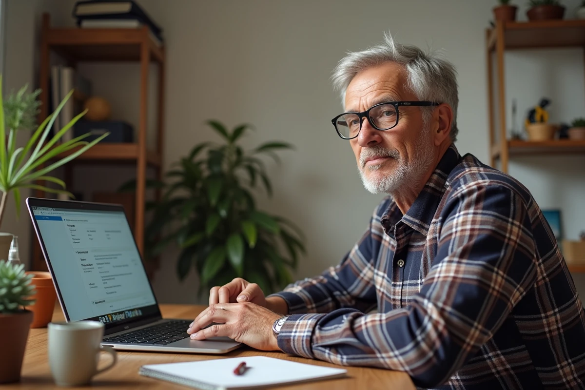 Un homme d'une cinquantaine d'années suit une formation bricolage en ligne sur son ordinateur depuis son bureau à domicile