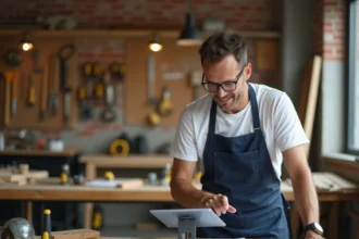 Homme apprenant le bricolage sur tablette numérique dans un atelier moderne en 2026