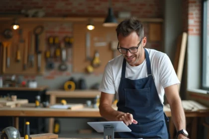 Homme apprenant le bricolage sur tablette numérique dans un atelier moderne en 2026