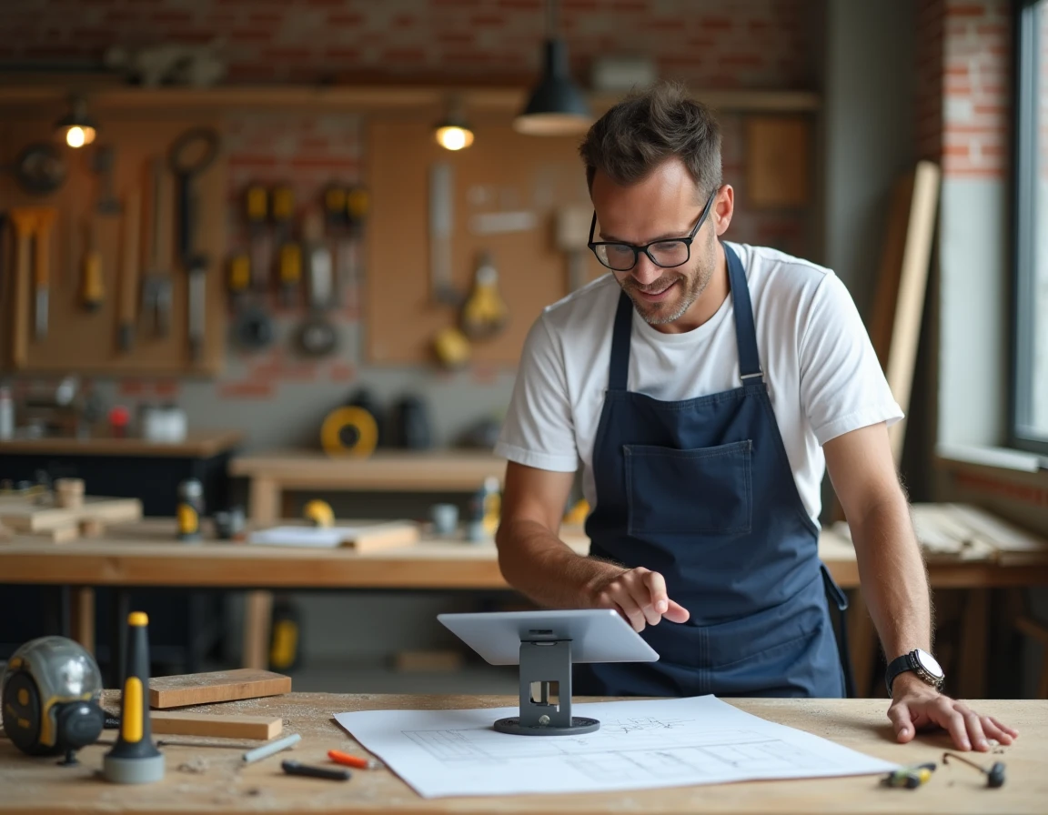 Homme apprenant le bricolage sur tablette numérique dans un atelier moderne en 2026