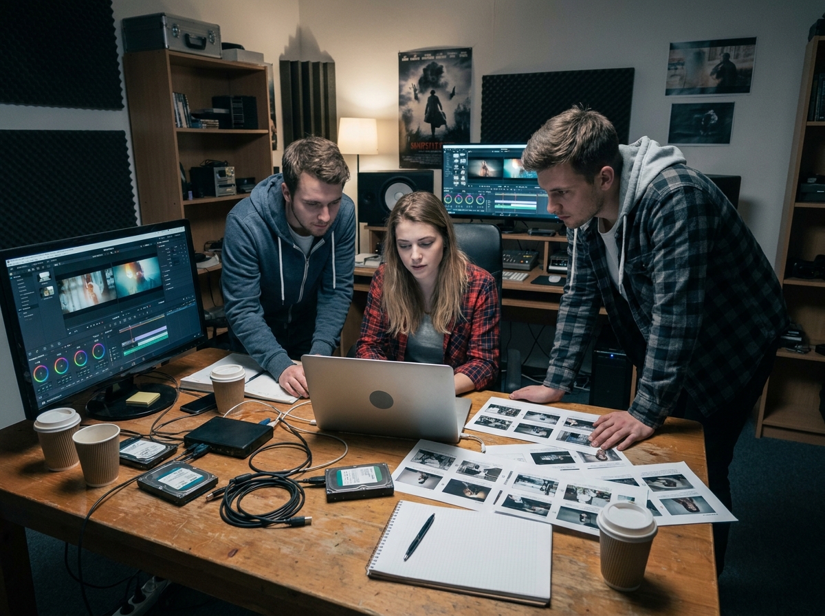 Groupe d'étudiants en formation cinéma discutant d'un montage vidéo dans une salle de post-production