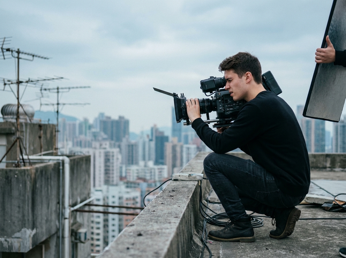 Étudiant en formation cinéma filmant sur un rooftop urbain avec une caméra épaule lors d'un exercice pratique