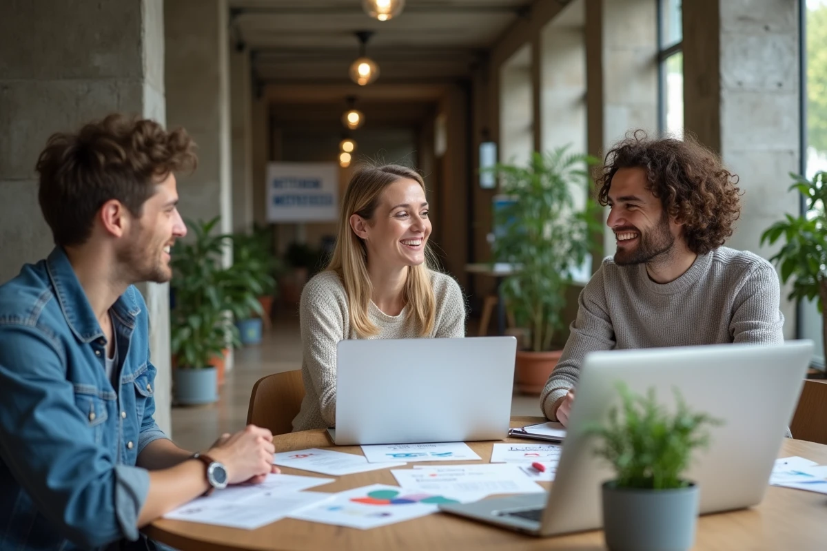 Groupe d'adultes en formation continue dans un centre éducatif normand discutant des nouvelles évolutions pédagogiques