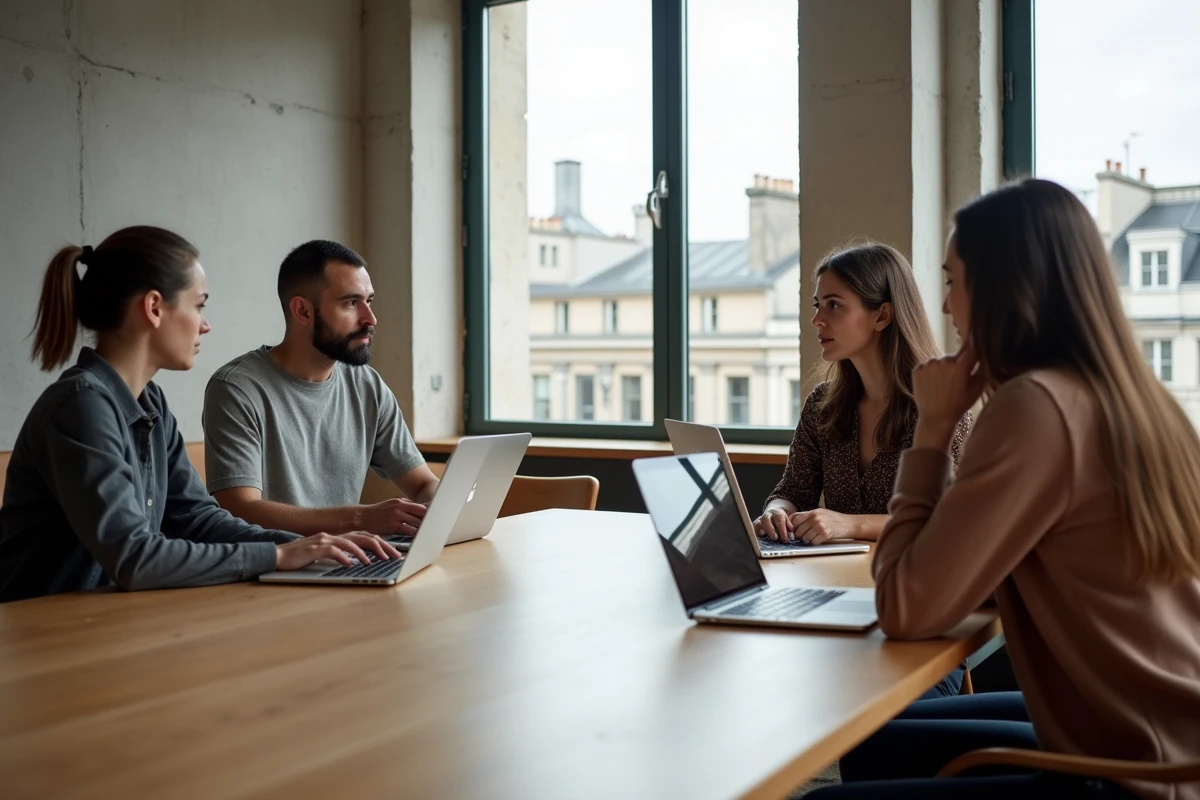 Groupe de jeunes professionnels en formation digitale autour d'une table dans un espace de coworking parisien moderne