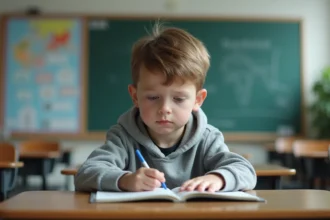 Garçon de 12 ans pensif dans une classe scolaire