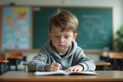 Garçon de 12 ans pensif dans une classe scolaire