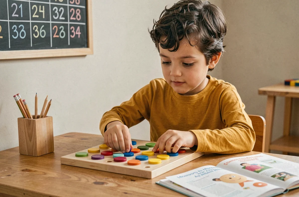 Garçon concentré utilisant un tableau de multiplication Montessori avec des disques en bois colorés dans une salle de classe chaleureuse