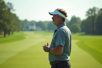Golfeur homme en pleine étude de swing sur green extérieur