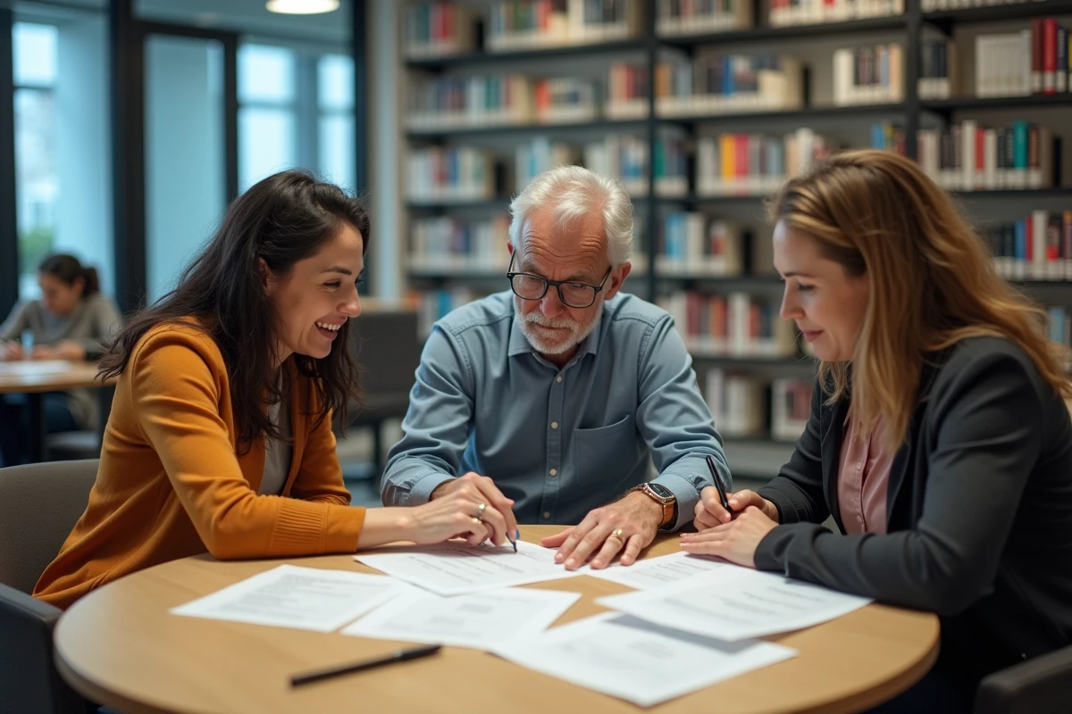 Groupe d'adultes en reprise d'études révisant les temps de l'indicatif ensemble dans une bibliothèque