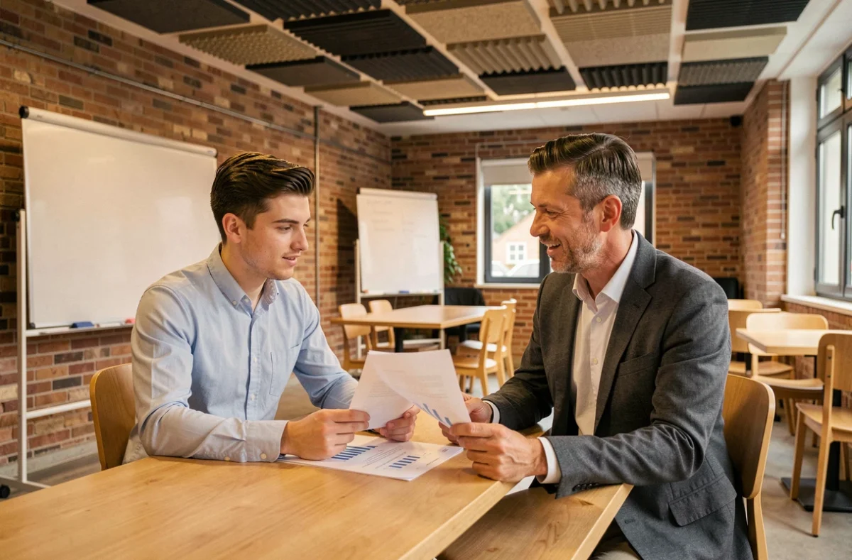 Apprenti en alternance du Groupe Alternance Évreux travaillant avec un formateur sur un document professionnel dans un espace moderne