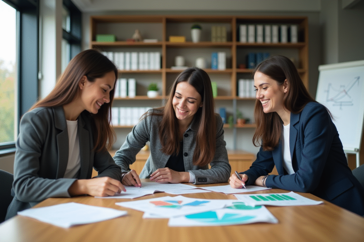 Groupe d'apprenants en discussion dans une salle moderne