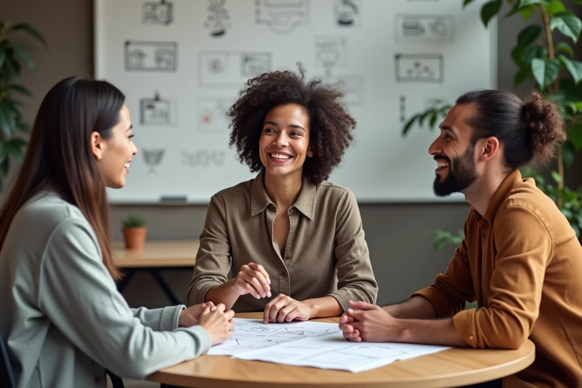 Groupe de professionnels explorant différents canaux sensoriels autour d'une table, représentant la diversité des modalités VAKOG en communication