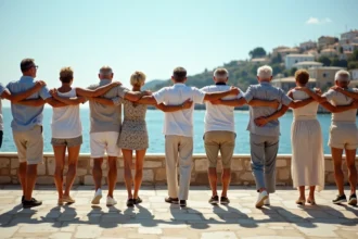 Groupe de personnes âgées dansant le sirtaki en extérieur