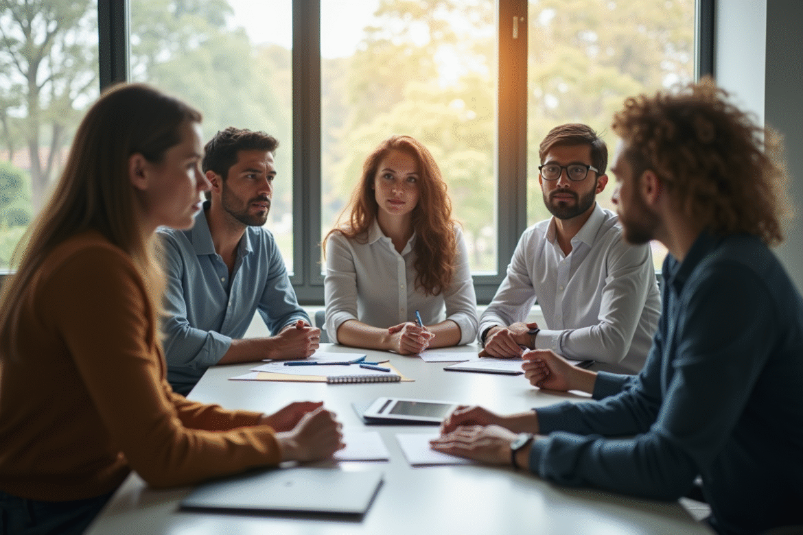 Groupe de salariés en réunion dans un bureau lumineux