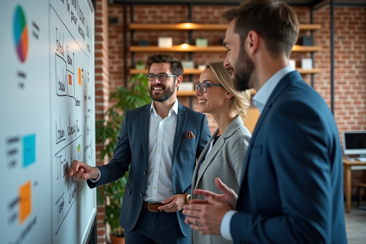 Groupe de jeunes professionnels discutant près du tableau blanc