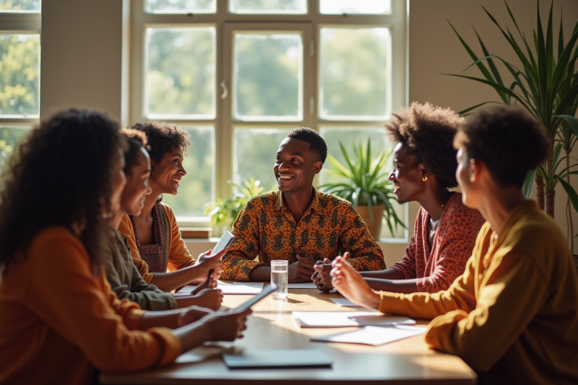 Groupe divers d'origines culturelles échangeant des idées