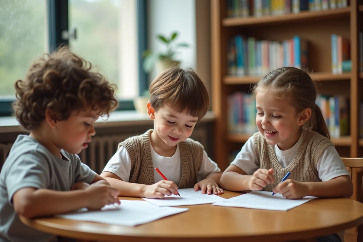 Groupe d'élèves lisant à voix haute des textes Fluence autour d'une table en bibliothèque scolaire, expression de concentration et de confiance