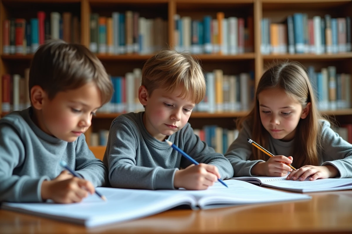 Groupe d'élèves de CM2 et de 6e travaillant ensemble sur des exercices de ponctuation autour d'une table en bibliothèque scolaire