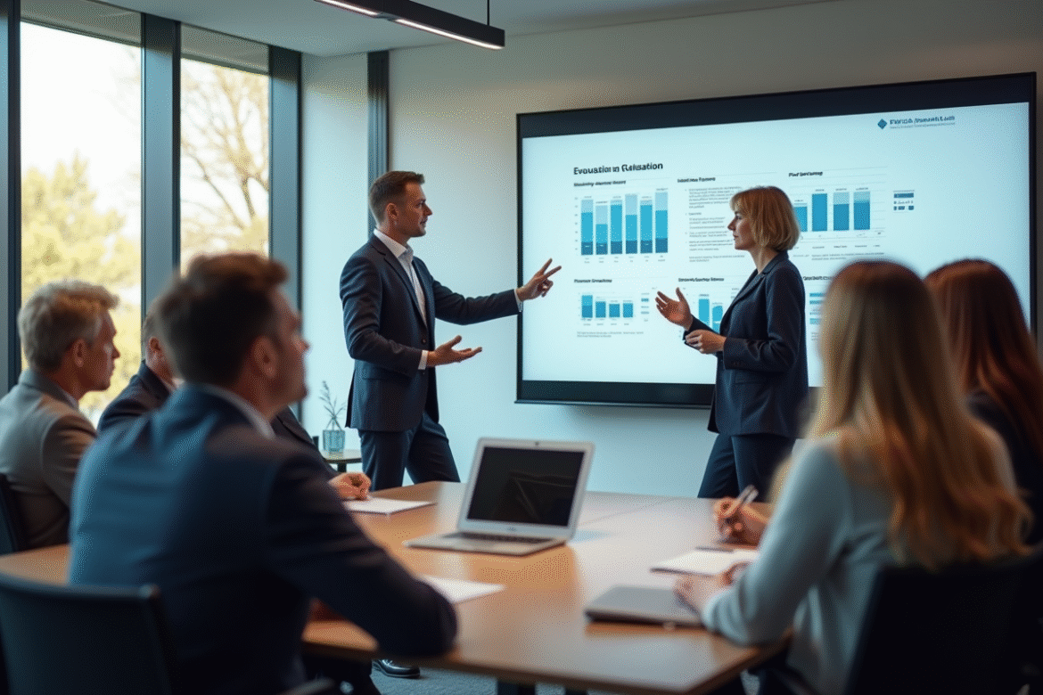 Groupe divers en formation avec un formateur et écran digital