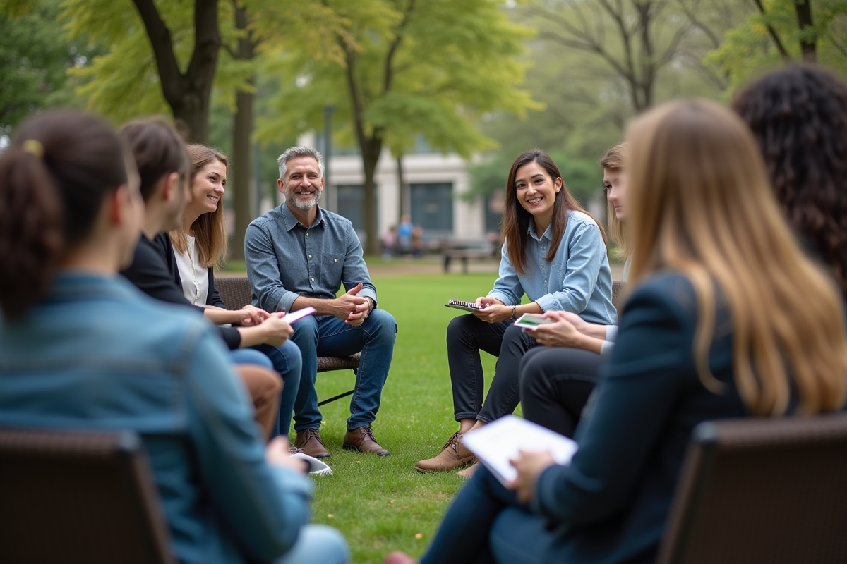 Groupe divers en réunion en plein air dans un parc urbain