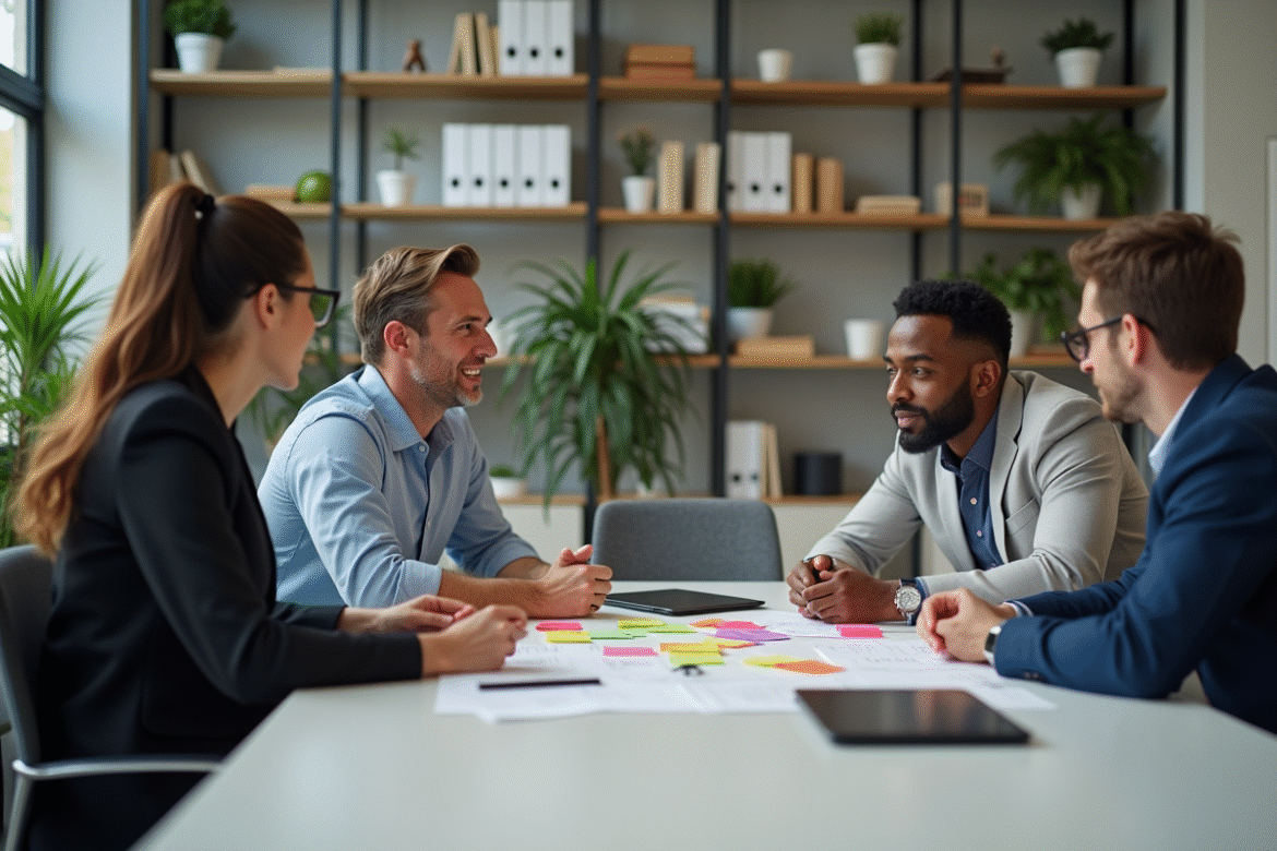Groupe de professionnels en réunion de brainstorming dans un bureau moderne