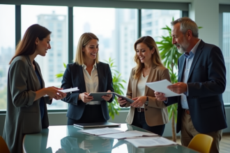 Quatre professionnels discutent autour d'une table moderne en bureau