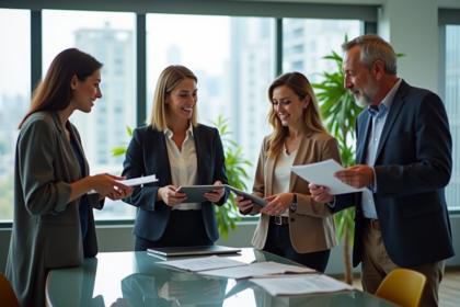 Quatre professionnels discutent autour d'une table moderne en bureau