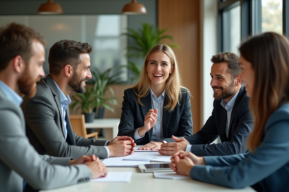 Groupe diversifié en réunion de travail en bureau moderne
