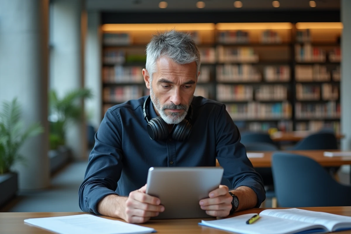 Homme de 44 ans étudiant un MOOC sur tablette dans une bibliothèque moderne, avec des documents de cours et un surligneur sur la table