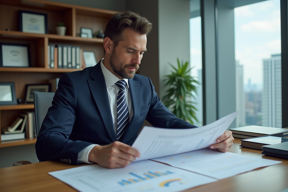 Homme d affaires examinant dossiers et graphiques financiers