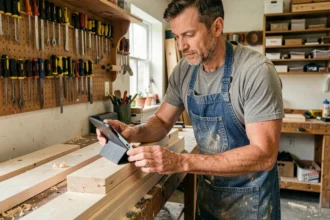 Homme en tablier de bricolage consultant une formation en ligne sur tablette dans un atelier maison à petit budget